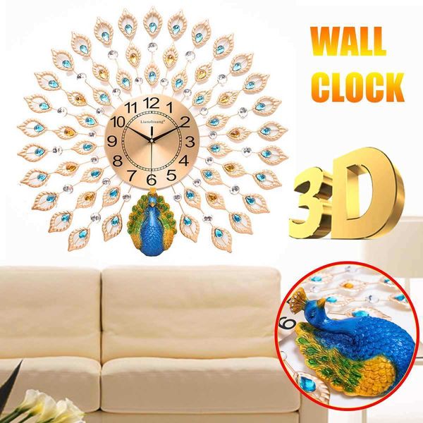 Große 3D-Diamant-Kristall-Quarz-Pfau-Wanduhren Europäisches modernes Design für Zuhause Wohnzimmer Dekor Schlafzimmer Stille Uhr Wand 210724