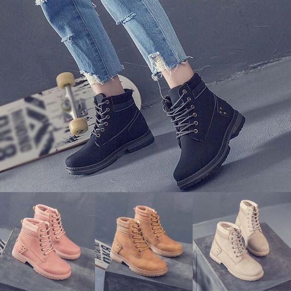 

boots female women shoes ladies solid lace up casual ankle round toe student snow winter flat, Black