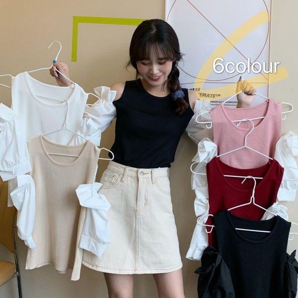 

women's t-shirt woman tshirts short-sleeved short slim round neck puff sleeve crop mujer camisetas, White