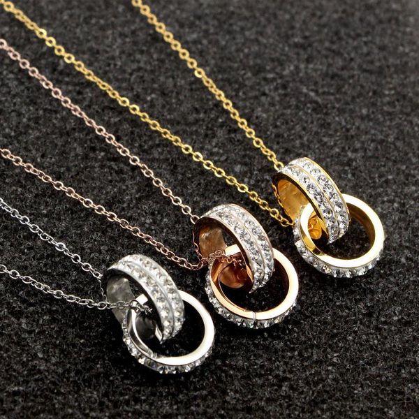 

pendant necklaces martick personal double circles necklace with full shining cubic woman rose gold color jewelry p102, Silver