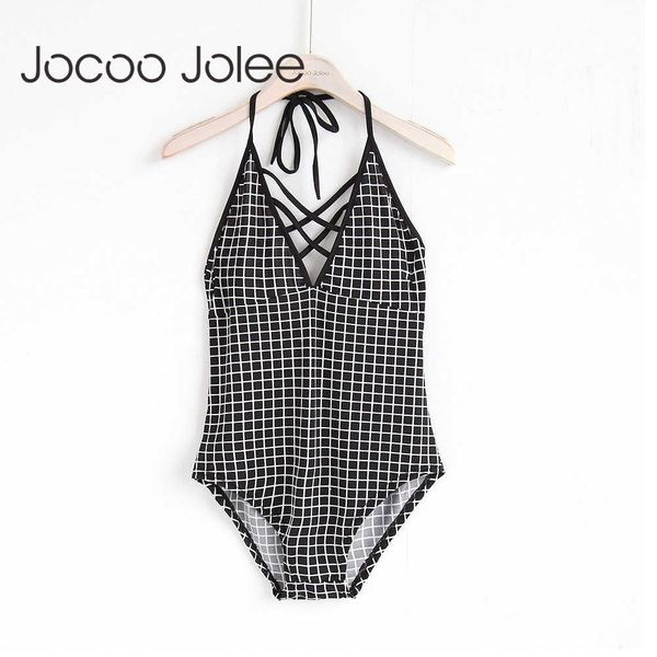 

jocoo jolee deep v-neck criss cross front bodysuits for women fashion plaid jumpsuits basic rompers bandage bodysuits 210619, Black;white
