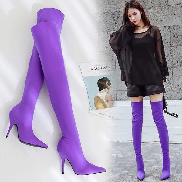 

boots pointed heel knee thin length boots, plush high elastic socks long leg women's in autumn, Black