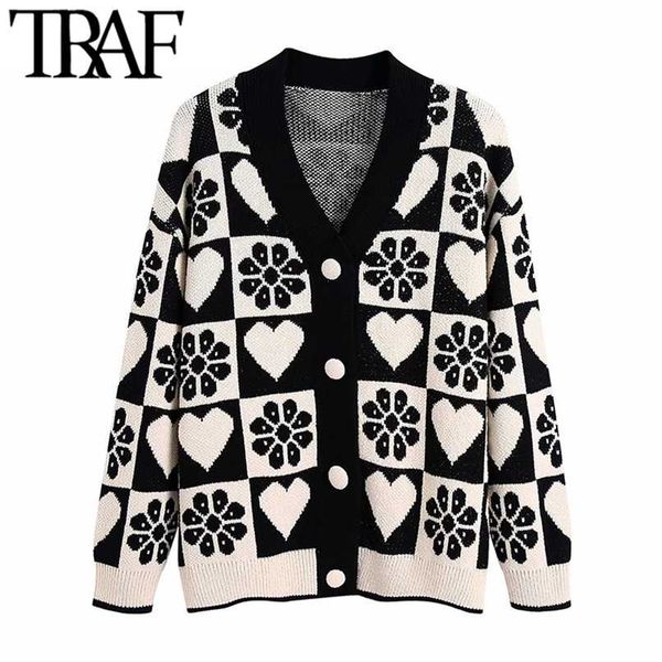 

traf women fashion jacquard loose knit cardigan sweater vintage long sleeve covered buttons female outerwear chic 211123, White