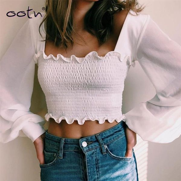 

women's blouses & shirts bclout casual crop womens and long sleeve patchwork mesh black white square collar ruffled shirt ladies au