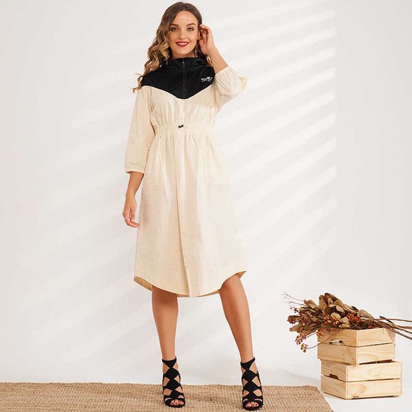 

casual dresses products ladies fashion waist cramped elastic small stand-up collar zipper letter printing stitching mid-length wom, Black;gray