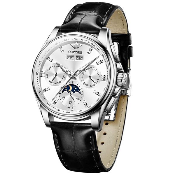 

wristwatches oupinke men mechanical watch luxury automatic leather sapphire waterproof sports moon phase wristwatch montre homme, Slivery;brown