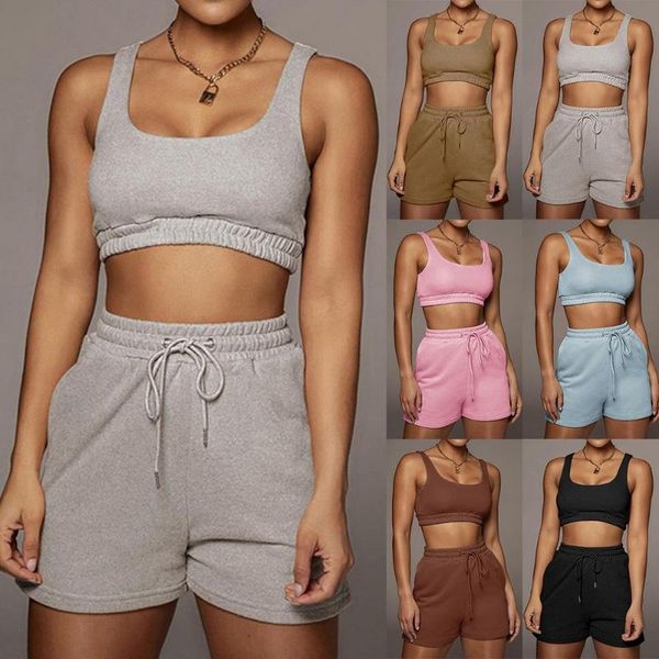 

women's tracksuits menore casual solid sportswear two piece sets women 2021 crop and drawstring shorts matching set summer athleisure o, Gray