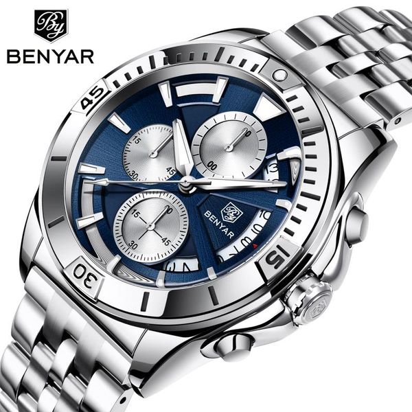 

wristwatches benyar 2021 men's watch quartz watches fashion stainless steel strap waterproof luminous, Slivery;brown