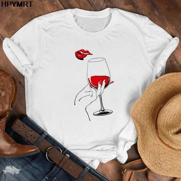 Labbra sexy bicchiere di vino Stampa T-shirt Donna Harajuku Estetico Bianco Magliette e camicette Casual Tshirt 2021 Estate Corea Stile Kpop Femminile T Shirt X0527