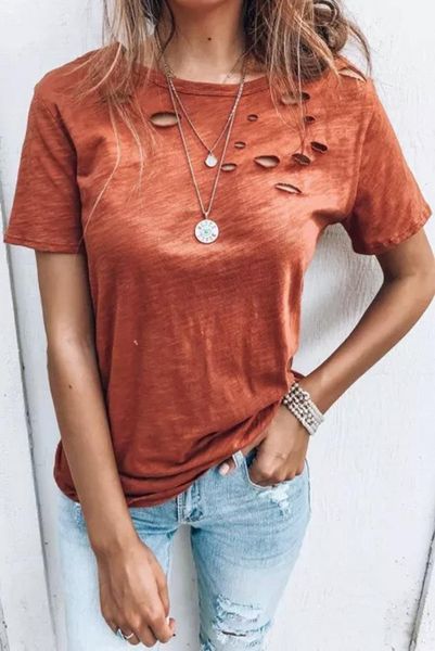 

women's t-shirt women summer t shirt vintage hole female solid o neck short sleeve casual tees beach clothes streetwear, White