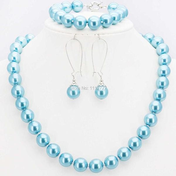 

earrings & necklace ornaments 10mm sky blue glass pearl beads bracelet set jewelry making design christmas gifts girls women, Silver