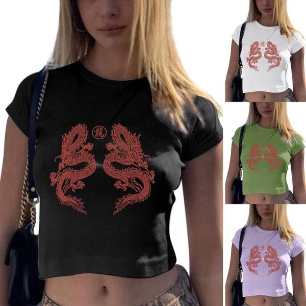 

women's t-shirt dragon print women crop summer 2021 oversized shopping daily navel short sleeve t-shirts camisetas de mujer, White