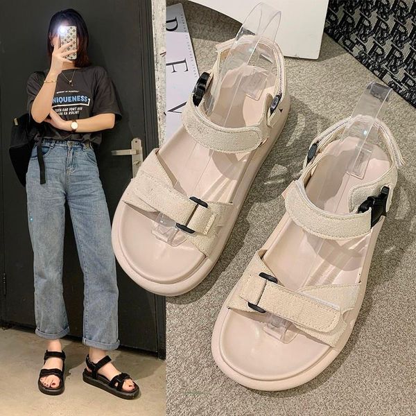 

sandals 2021 women's summer shoes woman roman open toe hook&loop ladies flat comfortable beach, Black