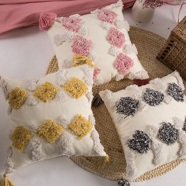 

cushion/decorative pillow zipper cushion cover 45x45cm moroccan style tuft tassels handmade decoration pink blue yellow for sofa throw