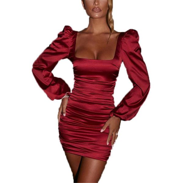 

casual dresses fashion dress for woman satin puff-sleeve ruched solid square collar ladies streetwear backless zip, Black;gray