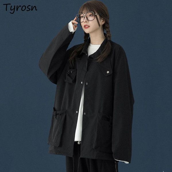 

women's jackets basic women pockets solid black oversize outwear streetwear single breasted safari style retro loose chic coats tooling, Black;brown
