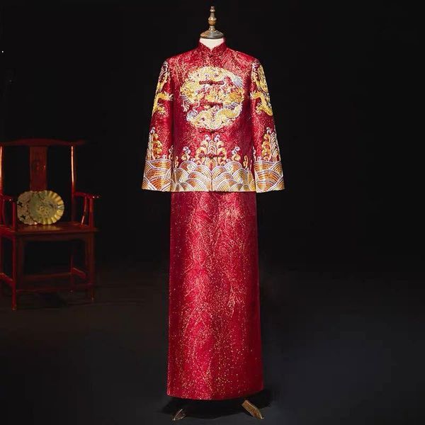 

male slim cheongsam chinese traditional groom clothing wedding dress asia married evening gowns ethnic, Red