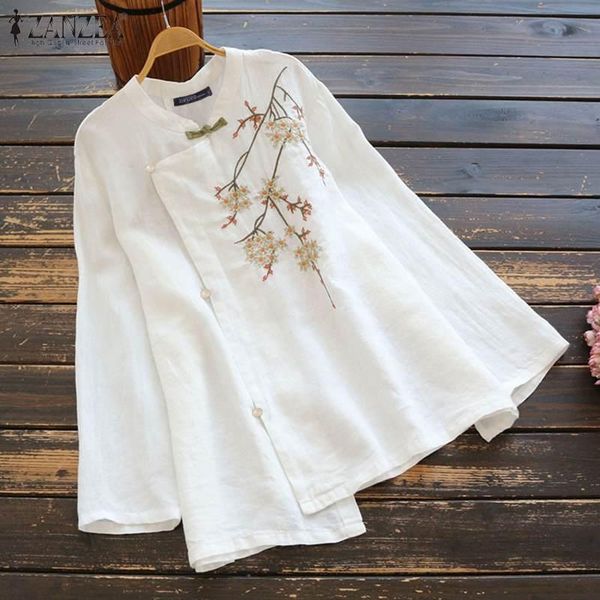 

women's blouses & shirts embroidery blouse vintage irregular zanzea long sleeve blusas female floral tunic casual chemise 5xl, White