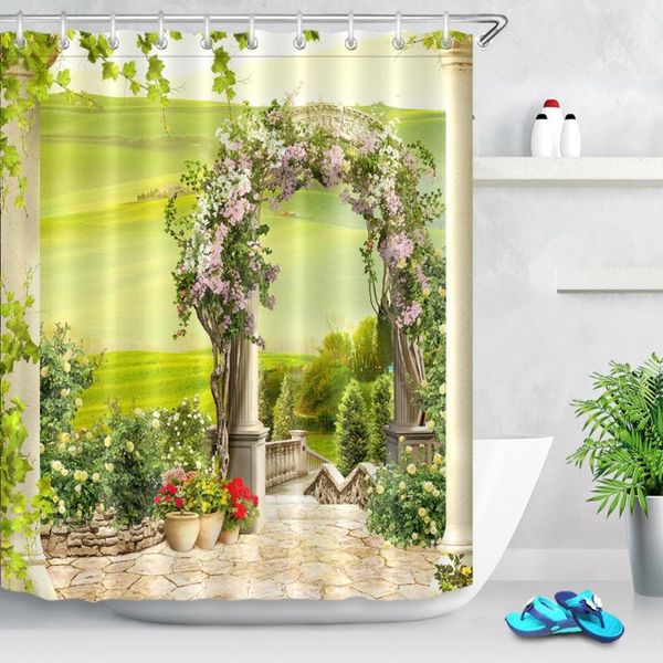 

shower curtains digital beautiful green garden with flowers arch waterproof scenic bathroom curtain fabric for bathtub decor