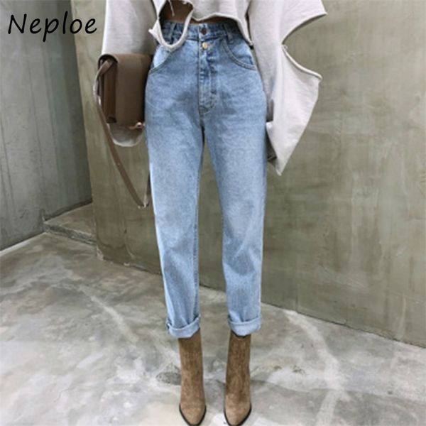 

autumn loose high waist denim pants chic washed blue two buttons jeans women double pockets straight 210422, Black;white