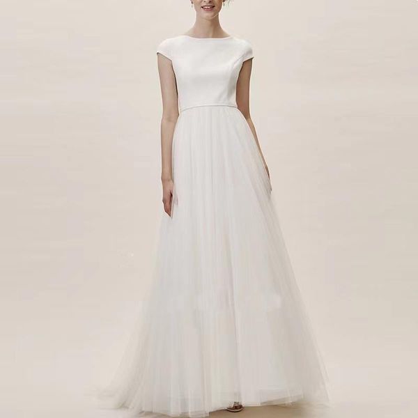 

other wedding dresses elegant minimalist white simple floor-length short sleeve satin zipper 2021 dress bridal gowns