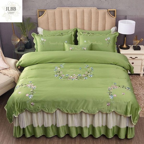 

bedding sets luxury green satin silk cotton floral embroidery set double duvet cover bed linen lace bedskirt pillowcases home textile