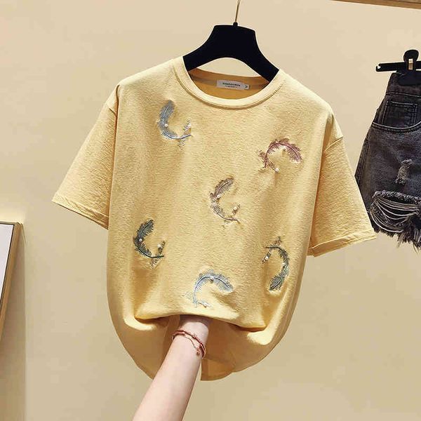 

korean style women's beading cotton short sleeves t-shirt summer tee girls ladies pullover casual tees a2549 210428, White