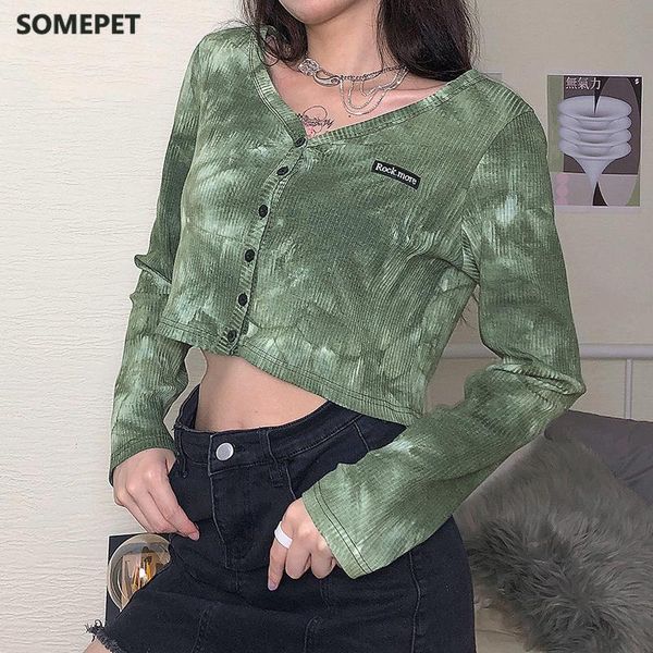 

women's t-shirt tie dye print streetwear crop for women autumn rib knitted harajuku tshirt woman casual buttons cardigan clothes, White