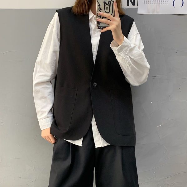 

streetwear fashion men's suit vest jacket solid color korean male coat clothing, Black;brown