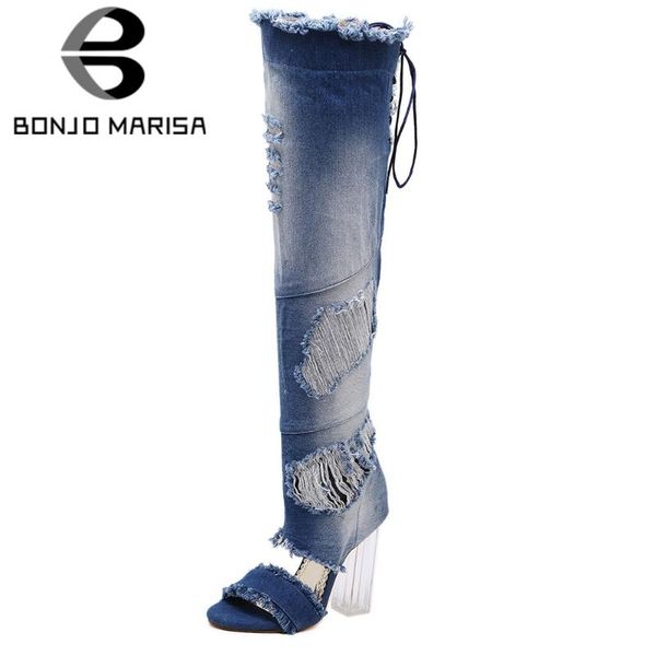 

boots bonjomarisa female summer knee high open toe clear heel fashion brand women hollow out lace up shoes woman, Black