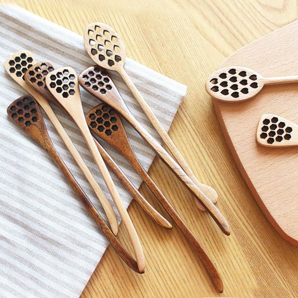 

japan style wooden stirring spoon honeycomb honey long handle mixing teaspoon solid wood stirrer tableware spoons