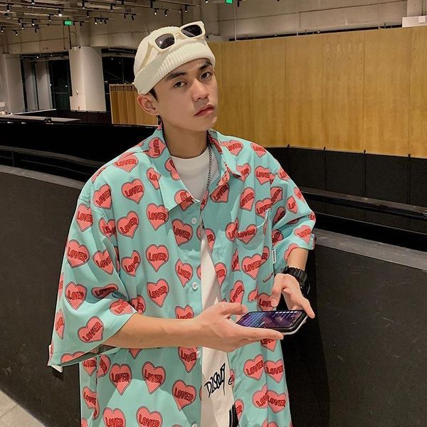 

men's casual shirts shirt man woman summer hong kong-style fashion love printed short-sleeved hip-hop street men clothes handsome coats, White;black