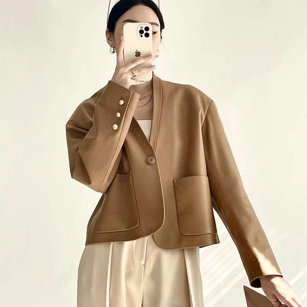 

women's leather & faux fashion 2021 women coat spring short length v-neck collar genuine jacket big pocket female clothes long sleeve, Black