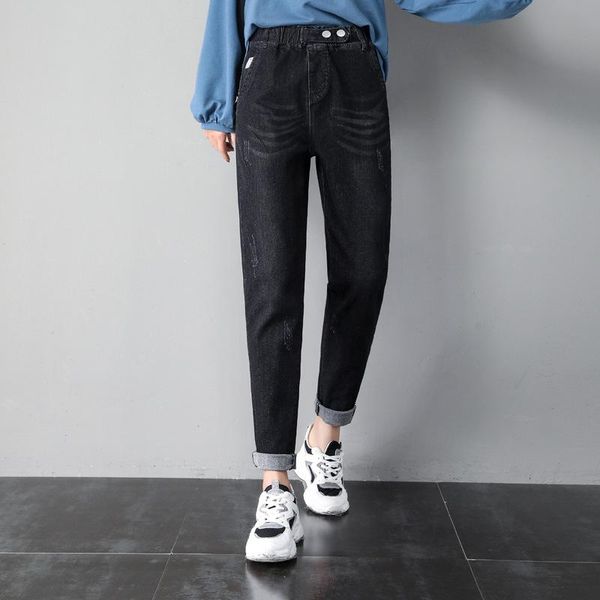 

women's jeans add fluff denim women pants korean version loose slim cotton boyfriend high elastic waist washed plus size female trouers, Blue