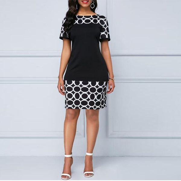 

casual dresses oten summer dress women o neck plus size geometric print patchwork office pencil bodycon elegant slim party, Black;gray