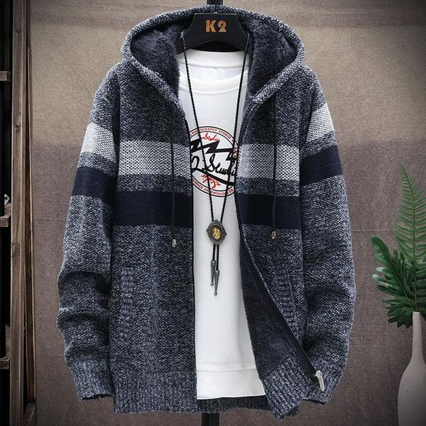 

men's hoodies & sweatshirts striped sweater jacket thick fleece warm zipper wool hoodie pullover long-sleeved knit, Black