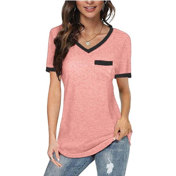 

women's t-shirt fashion casual v-neck contrast color loose short-sleeved, White