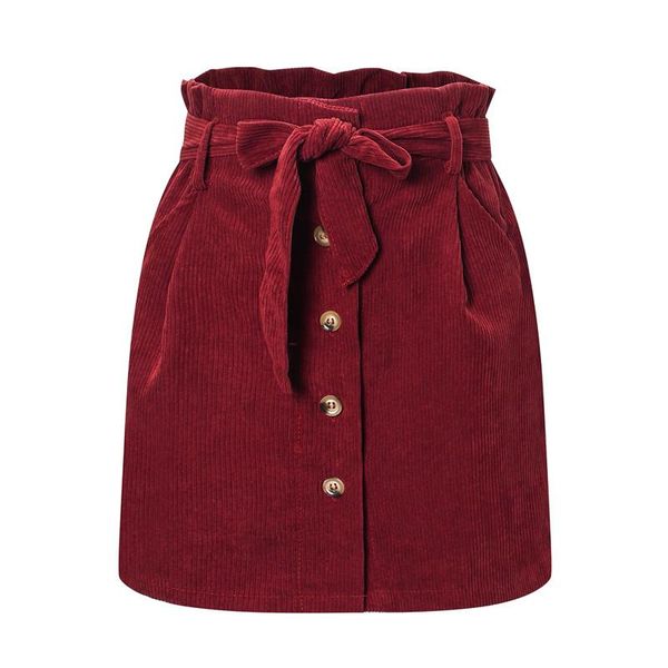 

skirts women solid color skirt, adults high waist corduroy skirt with decorative button belt pocket, Black