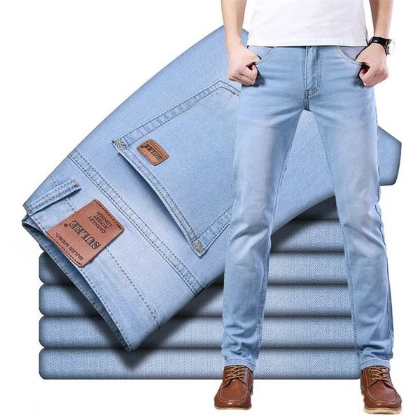 

sulee brand classic style men spring summer jeans business casual light blue stretch cotton male trousers 211111