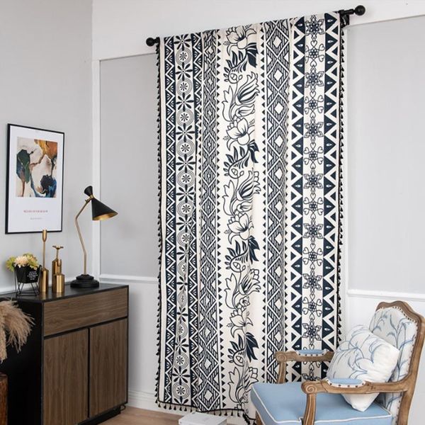 

curtain & drapes bohemian style wear rod tulle cotton linen printed black tassel wave window kitchen banquet bedroom curtains