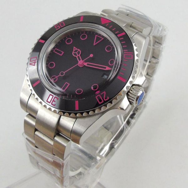 

wristwatches 40mm black sterile dial domed glass pink number ceramic bezel date miyota 8215 movement automatic mens watch, Slivery;brown