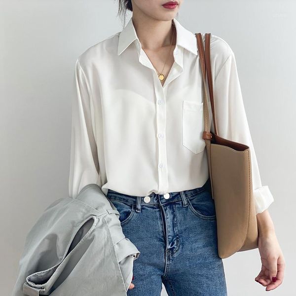 

women's blouses & shirts shirt female spring 2021 korean chic pure color simple temperament long-sleeved fashion all-match lapel q049, White
