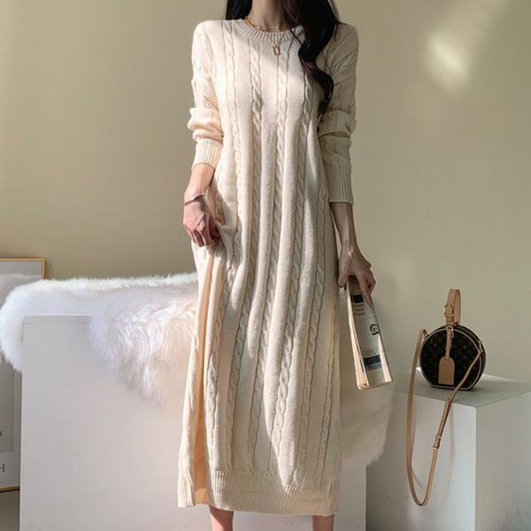 

casual dresses [ewq] 2021 autumn winter korean o-neck loose single breasted long sleeve elegant knitting pleated sweater dress 8d181, Black;gray