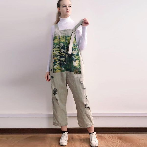 

women's jumpsuits & rompers irregular sling women jumpsuit printed vintage hole denim personality washed plus size loose overalls casua, Black;white