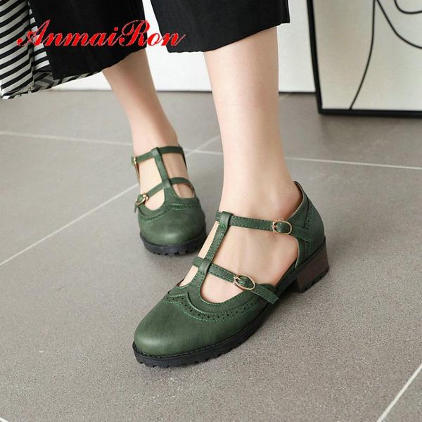

dress shoes anmairon casual women buckle strap pu round toe t-strap spring/autumn retro pumps basic sewing platform heels size 34-43, Black
