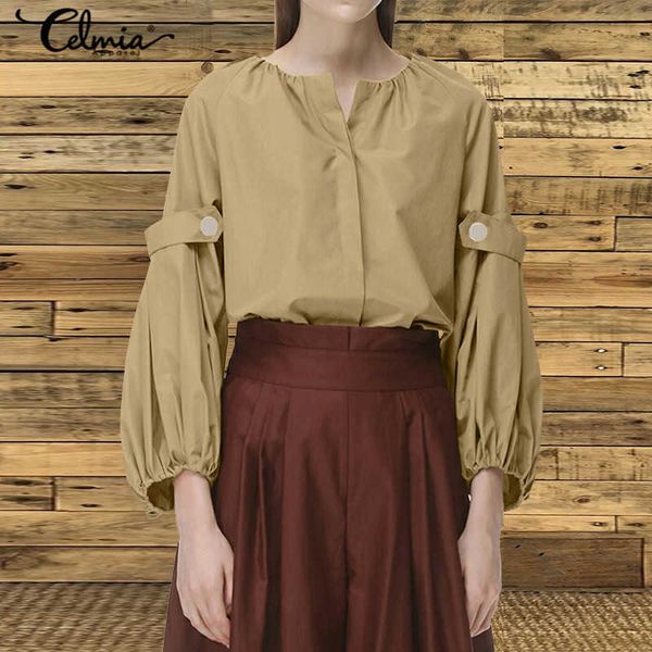 

women's blouses & shirts blouses fashion lantern sleeve celmia vintage autumn casual loose o-neck solid buttons work blusas fx49, White