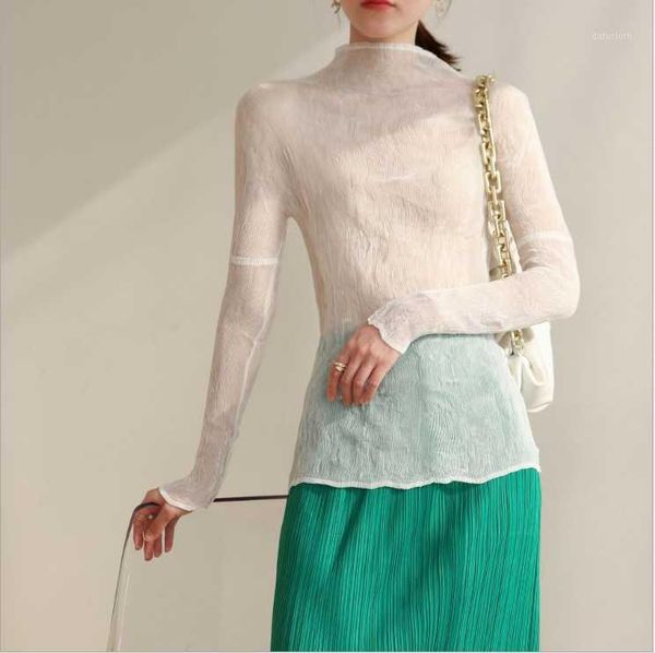 

fall/spring miyake drape print tencel base shirt super stretch slim age t-shirt women's, White