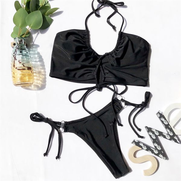 

2021 high leg cut thong bikini women swimwear female swimsuit two-pieces bikini set lace up bather bathing suit swim k1708