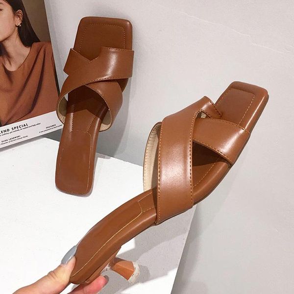 

slippers woman fashion toe square sandals women's shoes casual flip flops for lady slides female outdoor middle heel, Black