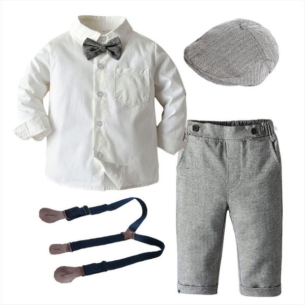 

boys long sleeve clothes for 1 3 5 years toddler set hat shirt bow tie pants fashion party wedding handsome, White